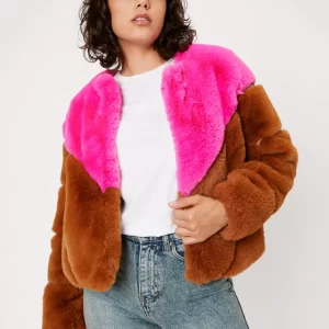 Color Block Brown & Pink Faux Fur Jacket