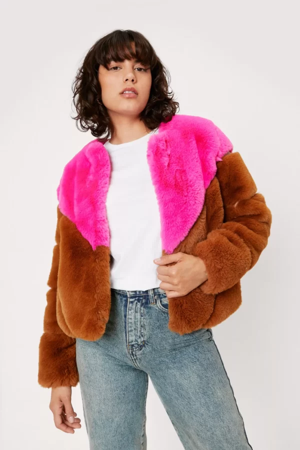 Color Block Brown & Pink Faux Fur Jacket