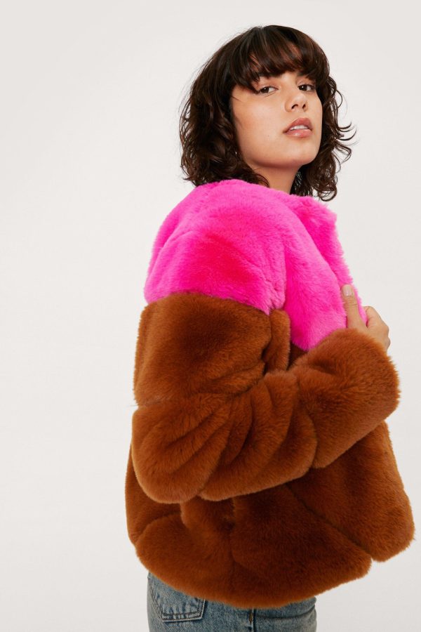 Color Block Brown and Pink Faux Fur Jacket