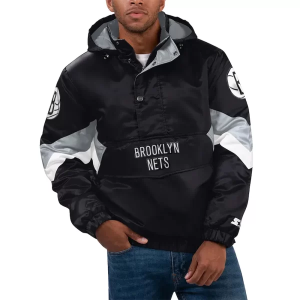 Force Play Brooklyn Nets Black Hoodie Half-Zip Satin Jacket