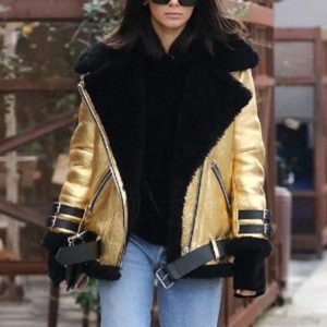 Kendall Jenner Golden & Black Leather Shearling Jacket