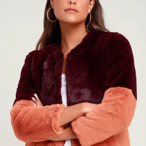 Out at Night Pink and Burgundy Color Block Faux Fur Jacket