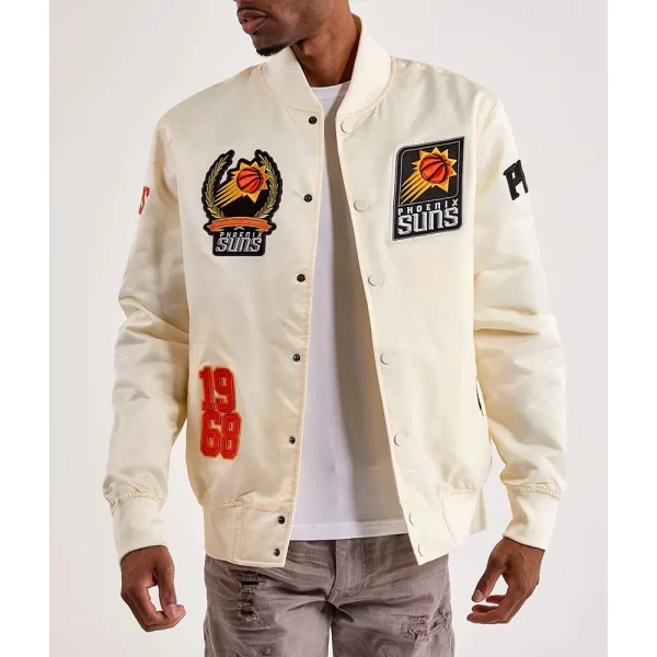 Phoenix Suns Off White Varsity Satin Bomber Jacket