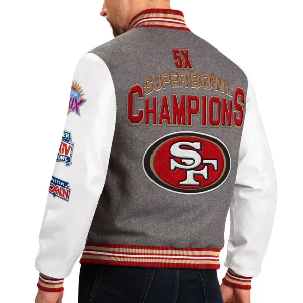 San Francisco 49ers 5X Super Bowl Gray and White Wool Varsity Jacket