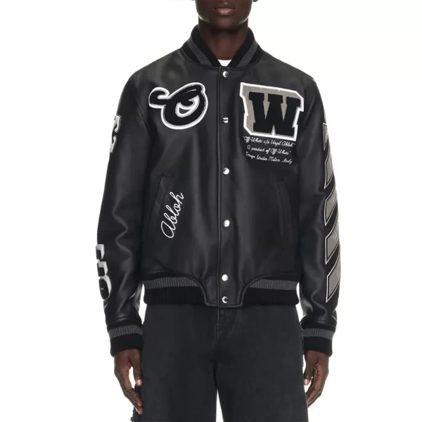 Black Off-White Full Varsity Full-Snap Leather Jacket