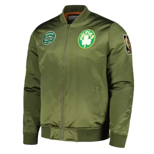 Boston Celtics Full-Zip Olive Satin Bomber Jacket