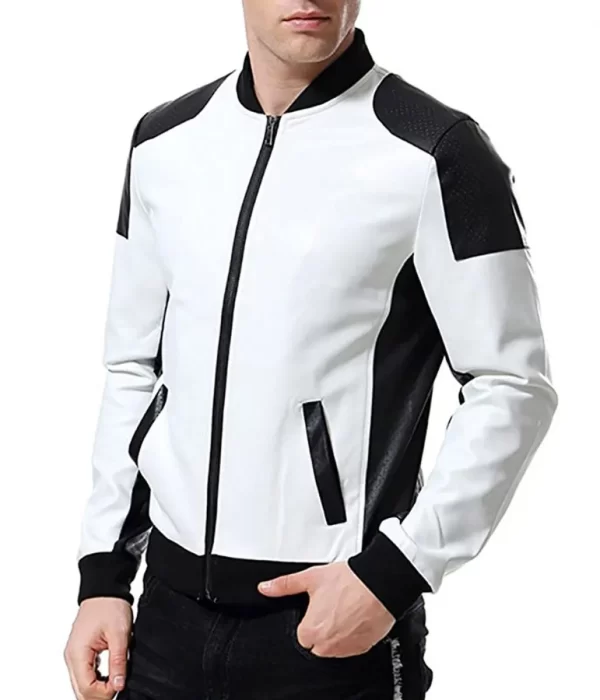 Men’s Black & White Leather Biker Bomber Jacket