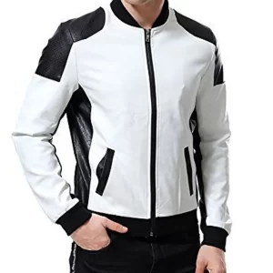 Men’s Black and White Leather Biker Bomber Jacket