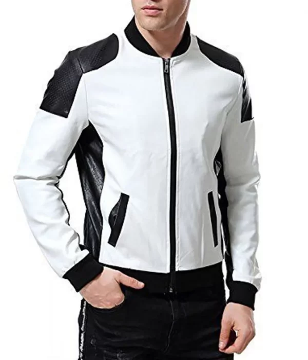 Men’s Black and White Leather Biker Bomber Jacket