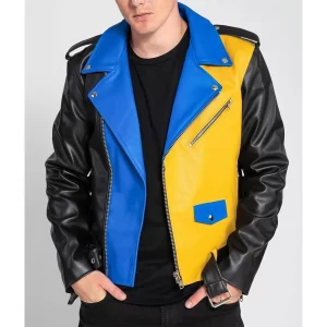 Men’s Color Block Biker Genuine Leather Jacket