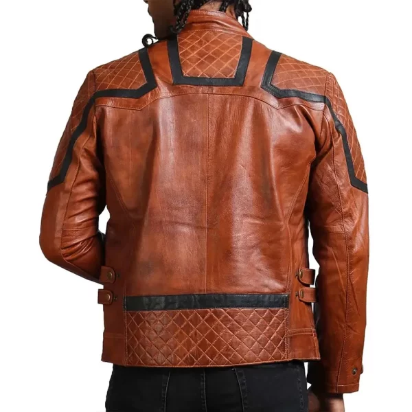 Men’s Designer Striped Style Brown Leather Full-Zip Jacket