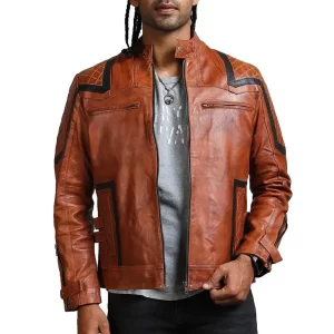 Men’s Designer Striped Style Brown Leather Jacket