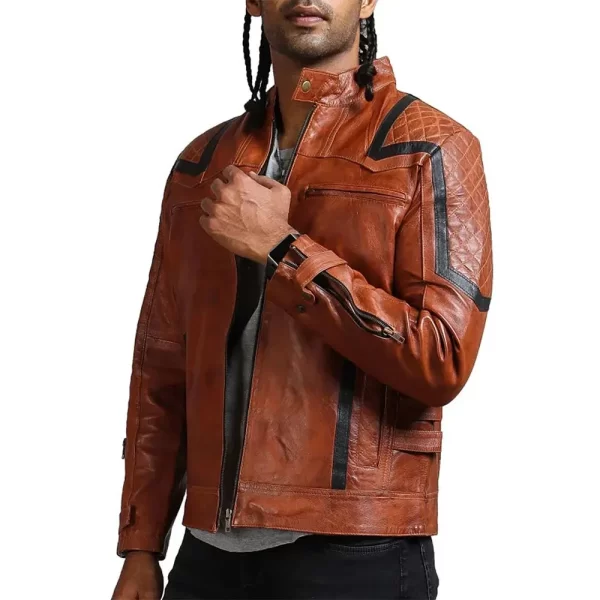 Men’s Designer Striped Style Leather Brown Jacket