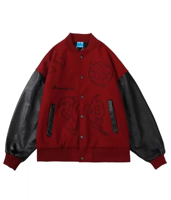 Men’s Embroidered Hip Hop Wool Varsity Jacket with Leather Sleeve