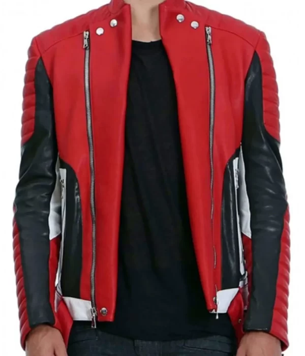 Men’s Padded Asymmetrical Zipper Black and Red Leather Motorcycle Jacket