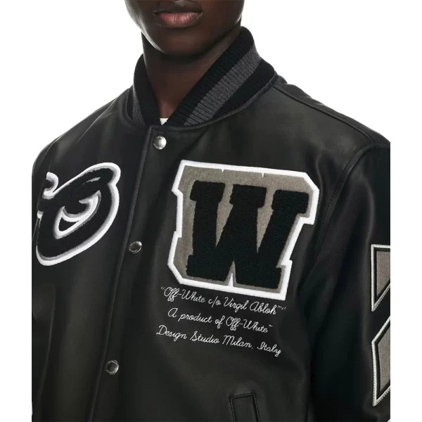 Off-White Full Black Leather Varsity Jackets