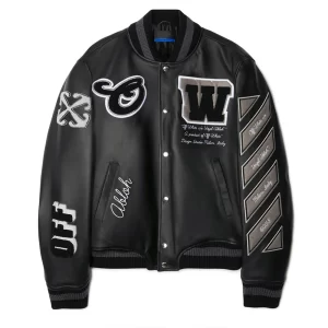 Off-White Full Black Leather Wool Varsity Jacket