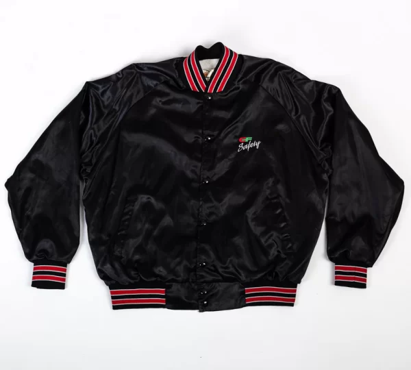 80s Safety Trucking Black Satin Varsity Jacket