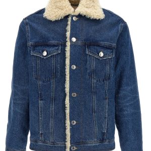 Men Straight Blue Denim With Fux Fur Collar Jacket