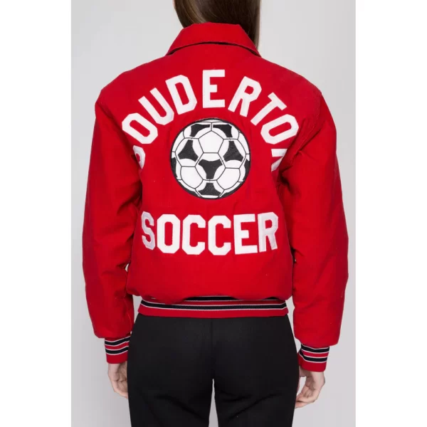 Small 80s Red Corduroy Soccer Team Varsity Jacket