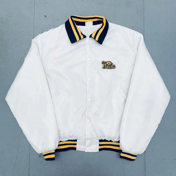 1980’s Iowa Hawkeyes Spellout White Satin Bomber Jacket