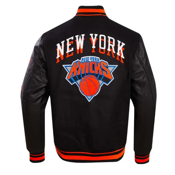 Black New York Knicks Chest Layered Varsity Wool Leather Jacket