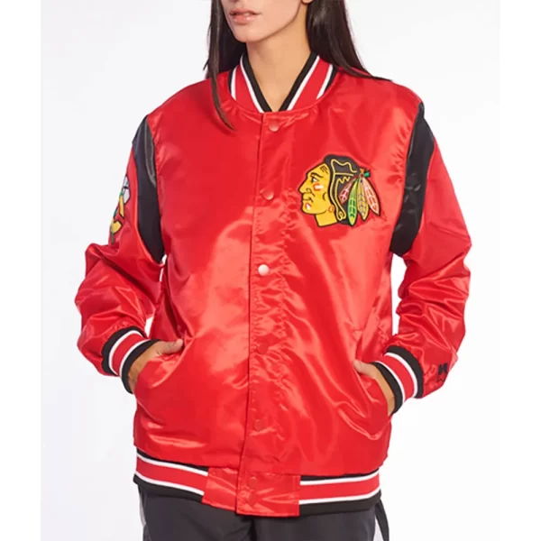 Chicago Blackhawks Teddy Red Satin Varsity Jacket