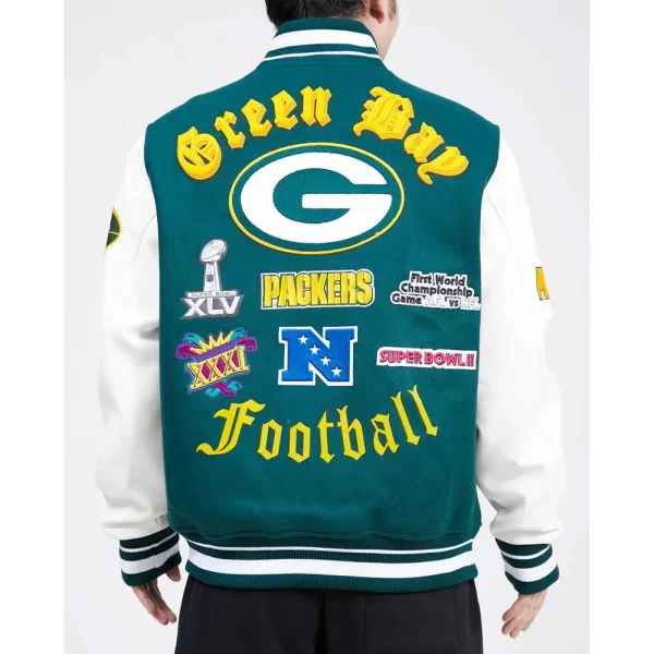 Green Bay Packers Old English Forest Green & White Wool Varsity Jacket