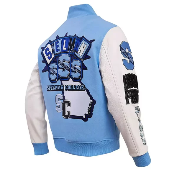 Light Blue and White Spelman College Jaguars Homecoming Wool Varsity Jacket