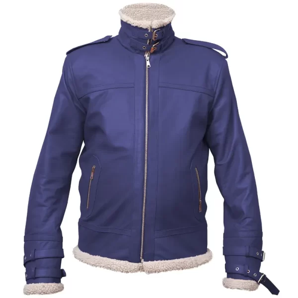 Men’s Shearling Collar Blue Leather Jacket