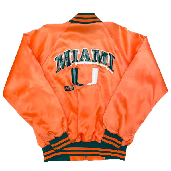 Miami Hurricanes 1980’s Spellout Bomber Full-Snap Orange Satin Jacket