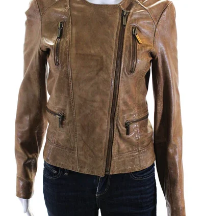 Michael Michael Kors Womens Zip Crew Neck Leather Jacket