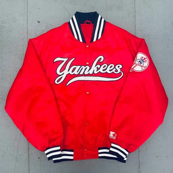 NY Yankees 1990’s Spellout Red Satin Bomber Jacket