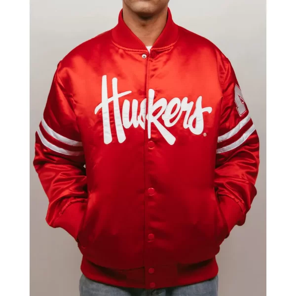 Nebraska Cornhuskers Striped Bomber Full-Snap Red Satin Jacket