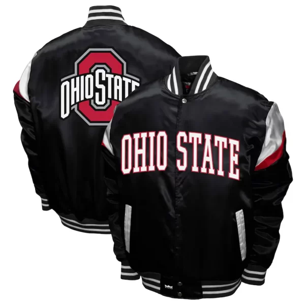 Ohio State Buckeyes Power Varsity Full-Snap Black Satin Jacket