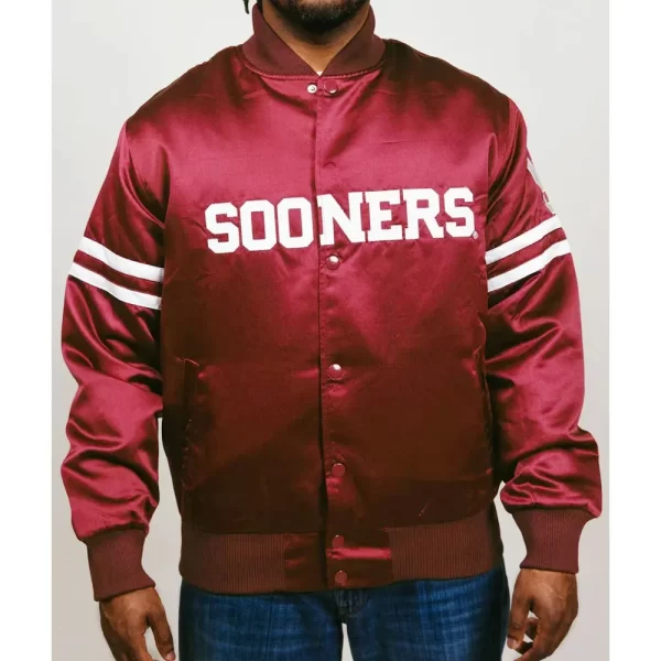 Oklahoma Sooners Striped Crimson Bomber Full-Snap Satin Jacket