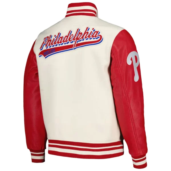 Philadelphia Phillies Script Tail Cream & Red Full-Zip Wool Varsity Jacket