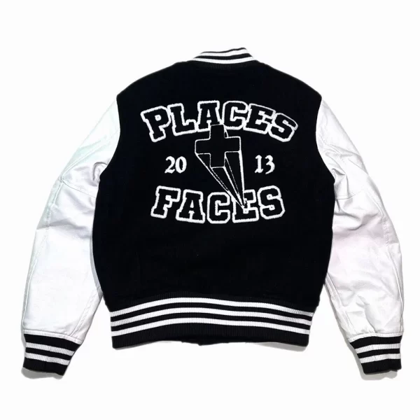 Places Plus Faces Black and White Full-Snap Wool Leather Varsity Jacket