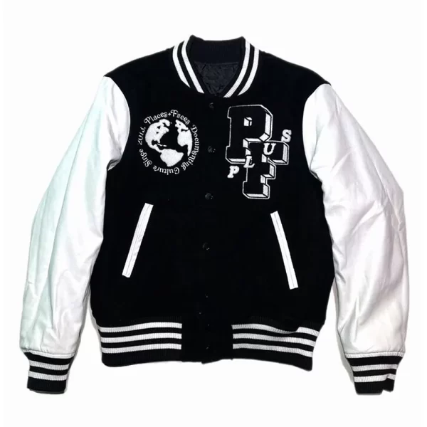 Places Plus Faces Black and White Varsity Jacket