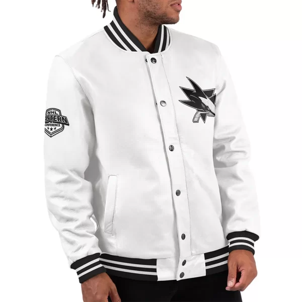 San Jose Sharks Black Ice Varsity White Leather Jacket