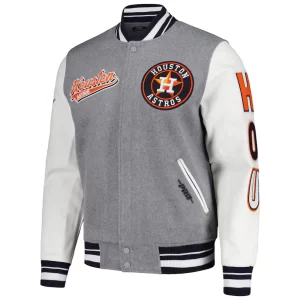 Script Tail Houston Astros Heather Gray and White Varsity Jacket