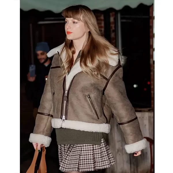 Taylor Swift Brown Bomber Leather Shearling Jacket