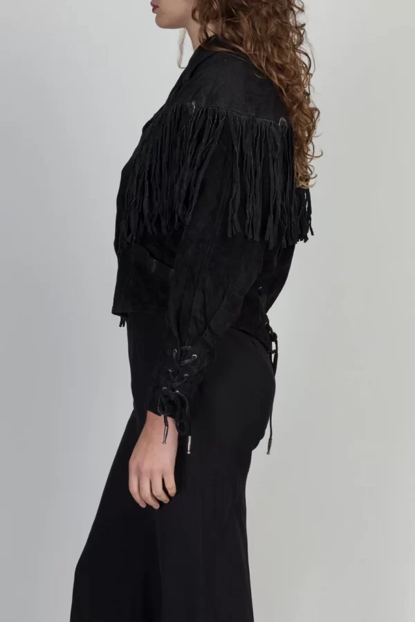 Vintage 80s Black Suede Fringe Crop Jacket