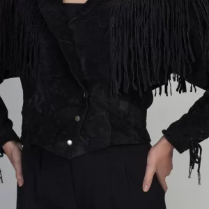 Vintage 80s Black Suede Leather Fringe Crop Jacket