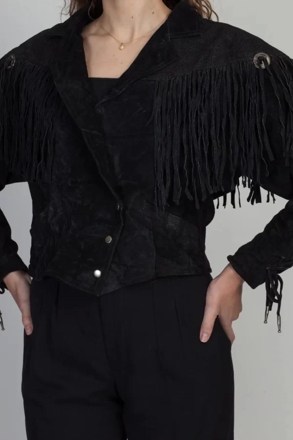 Vintage 80s Black Suede Leather Fringe Crop Jacket