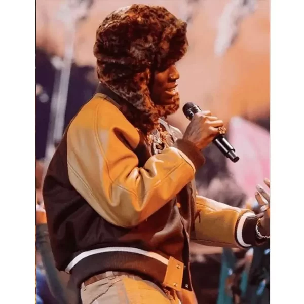 2024 Brit Awards Rema Full-Snap Brown & Yellow Wool Varsity Jacket