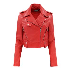 Ciara Cropped Leather Red Biker Jacket