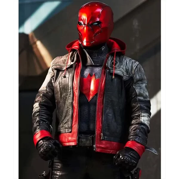 DC Comic Jason Todd Arkham Knight Red Hood Leather Hooded Jacket