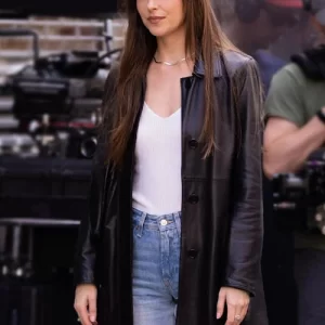 Dakota Johnson Materialists Black Leather Long Coat