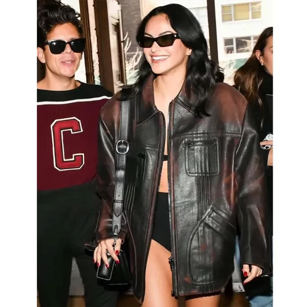 New York Fashion Week Camila Mendes Black Leather Full-Zip Jacket